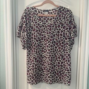 HEIMISH Pink Tan V-Neck Ruffle Sleeve Blouse